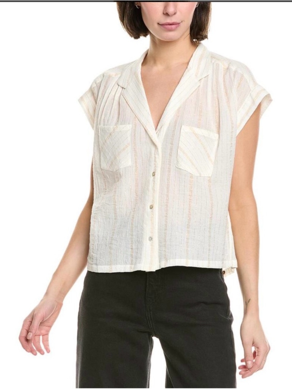 MOTHER Cream Metallic Cotton Guaze Short-Sleeve Button-Front Camp Shirt Small